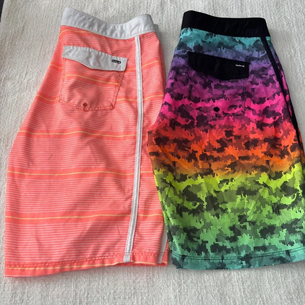 Hurley Kids Board Shorts Bundle Rainbow Camo & Coral Striped Size 16 28 Lot of 2